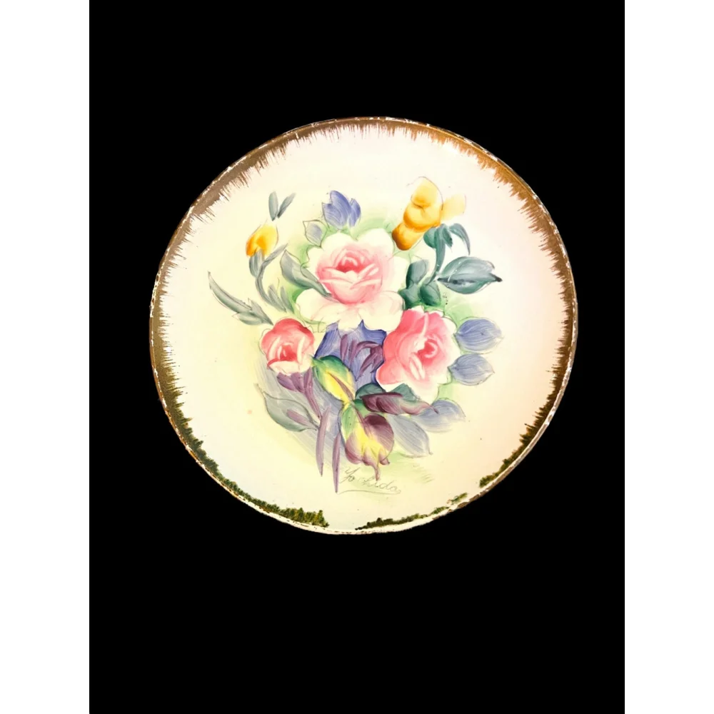 Gold Rimmed Cottagecore Plate Handpainted Rare Vintage Floral Pink & Yellow Gift